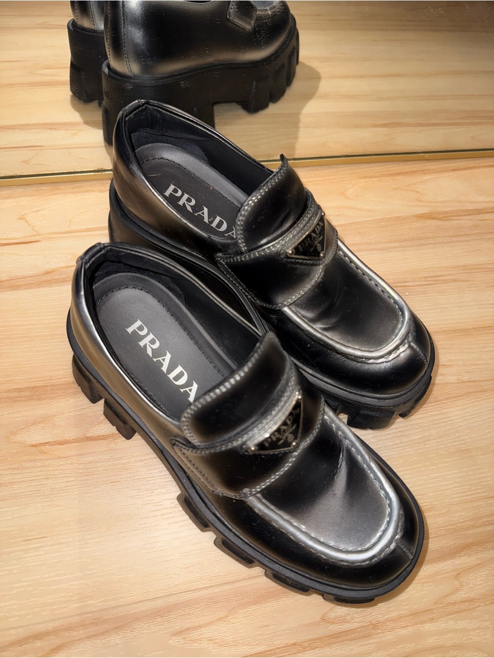 Prada Metallic Black Leather Lug-Sole Penny Loafers - Picture 3 of 8